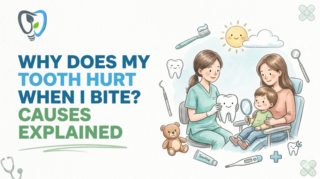 Illustrated dental consultation banner explaining causes of tooth pain while biting with dentist, patient, and dental care visuals.