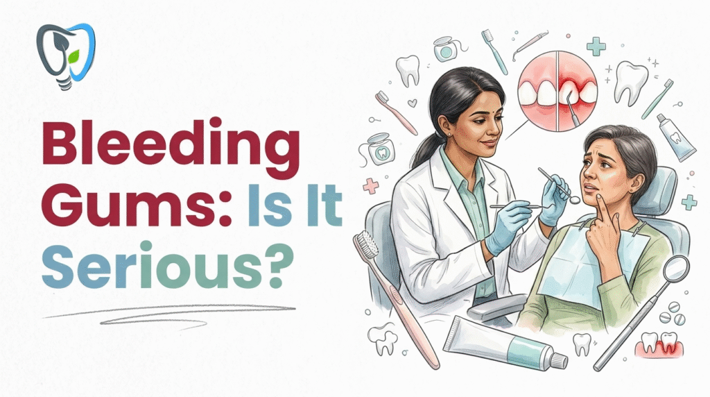 dental consultation about bleeding gums with dentist, patient, and gum caredental consultation banner about bleeding gums with dentist, patient, and gum care