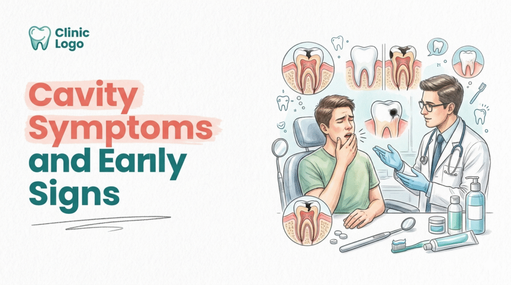 cavity symptoms and early signs with dentist patient and tooth