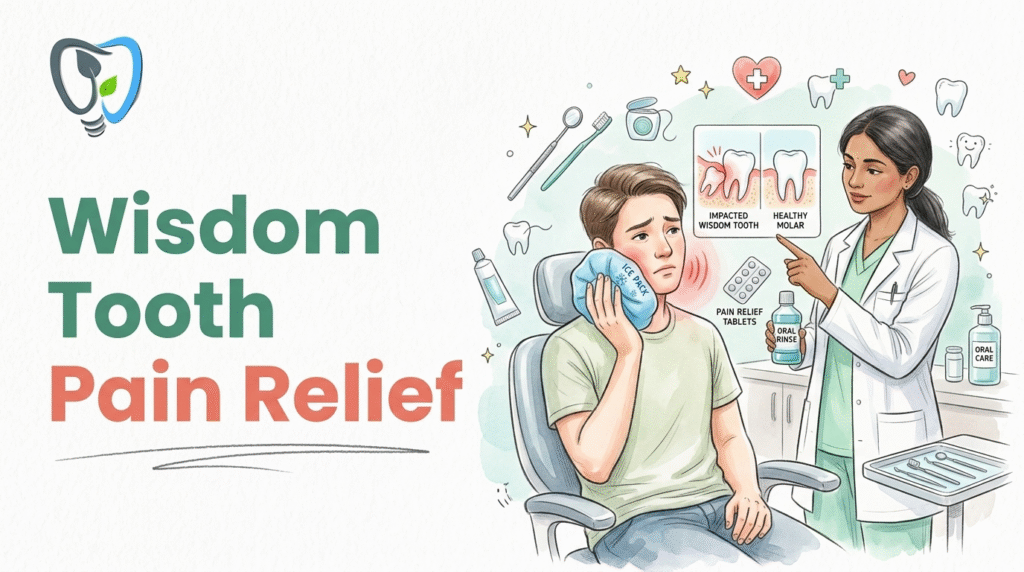 wisdom tooth pain relief with dentist, patient, and oral care
