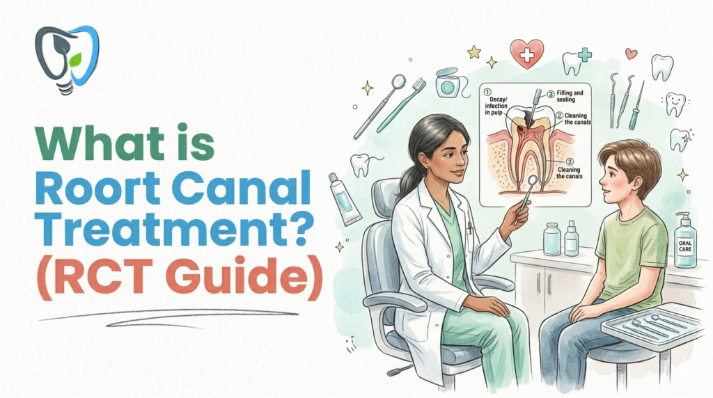 xplaining root canal treatment procedure with dentist patient and tooth